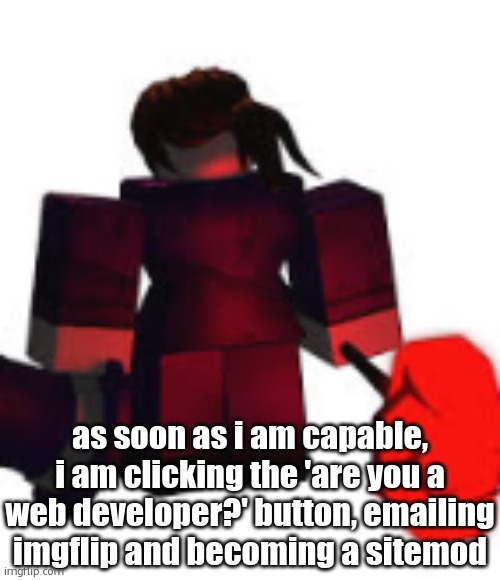 Carolina Mach Regretevator | as soon as i am capable, i am clicking the 'are you a web developer?' button, emailing imgflip and becoming a sitemod | image tagged in carolina mach regretevator | made w/ Imgflip meme maker