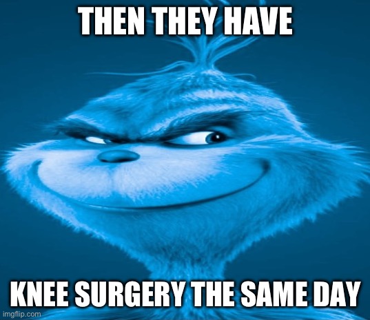 Blue Grinch | THEN THEY HAVE KNEE SURGERY THE SAME DAY | image tagged in blue grinch | made w/ Imgflip meme maker