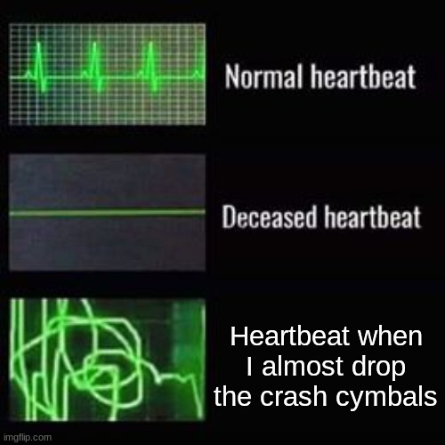 To my fellow cymballists in drumline, you have experienced this at least once | Heartbeat when I almost drop the crash cymbals | image tagged in heartbeat rate | made w/ Imgflip meme maker