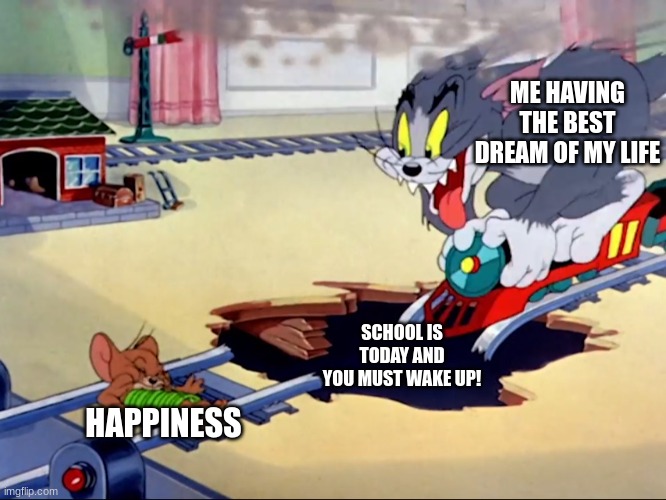 Tom and Jerry train | ME HAVING THE BEST DREAM OF MY LIFE; SCHOOL IS TODAY AND YOU MUST WAKE UP! HAPPINESS | image tagged in tom and jerry train | made w/ Imgflip meme maker