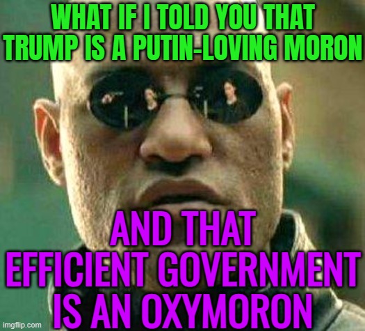 Trump Is A Putin-loving Moron; And Efficient Government Is An Oxymoron | WHAT IF I TOLD YOU THAT TRUMP IS A PUTIN-LOVING MORON; AND THAT EFFICIENT GOVERNMENT
IS AN OXYMORON | image tagged in what if i told you,lol so funny,politics lol,donald trump,vladimir putin,trump is a moron | made w/ Imgflip meme maker