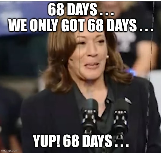 Kamala Lost | 68 DAYS . . .
WE ONLY GOT 68 DAYS . . . YUP! 68 DAYS . . . | image tagged in kamala lost | made w/ Imgflip meme maker