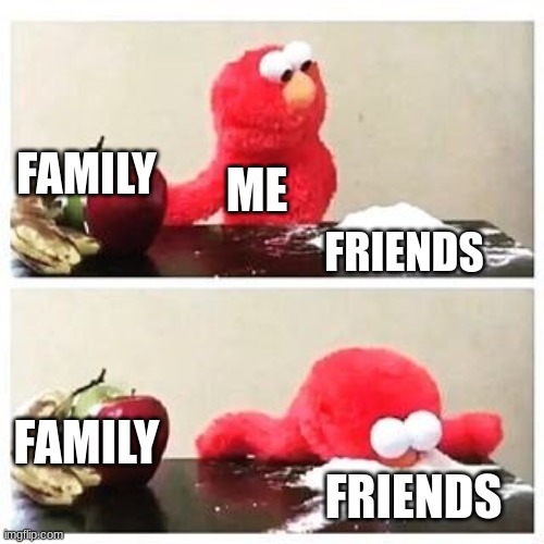 hehehehe | FAMILY; ME; FRIENDS; FAMILY; FRIENDS | image tagged in elmo cocaine | made w/ Imgflip meme maker