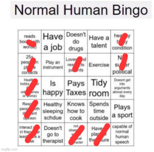 after god knows how long i finally get bingo on something | image tagged in normal human bingo | made w/ Imgflip meme maker