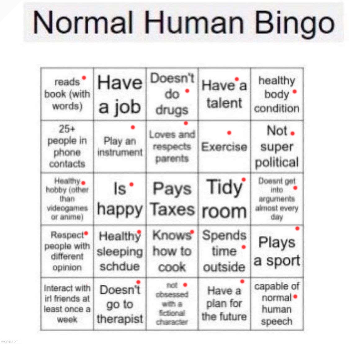 Normal human bingo | image tagged in normal human bingo | made w/ Imgflip meme maker