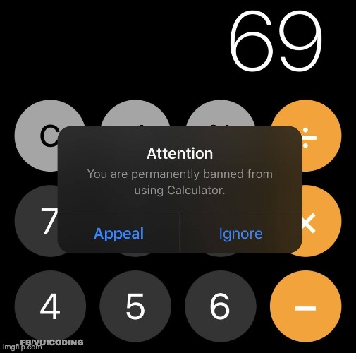 Get banned from Apple Calculator app | FB/VUICODING | image tagged in funny dev meme | made w/ Imgflip meme maker