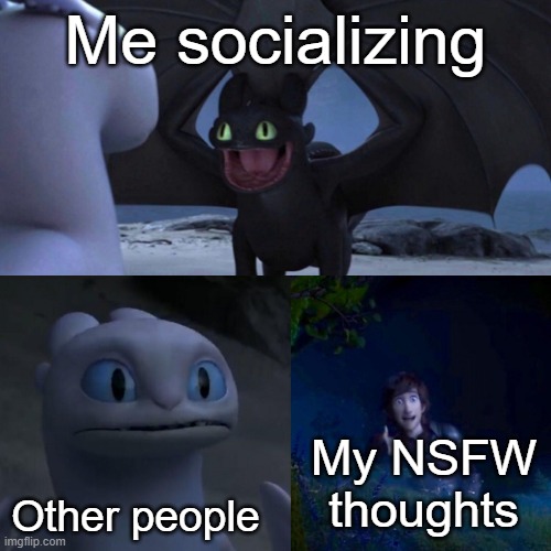 No questions | Me socializing; Other people; My NSFW thoughts | image tagged in night fury | made w/ Imgflip meme maker