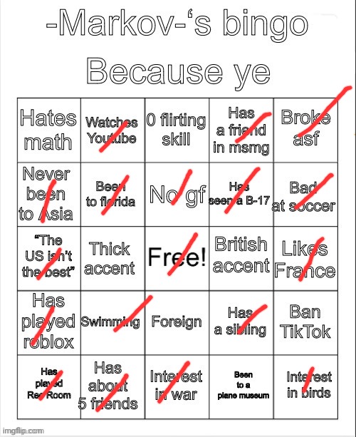 Markov’s bingo | image tagged in markov s bingo | made w/ Imgflip meme maker