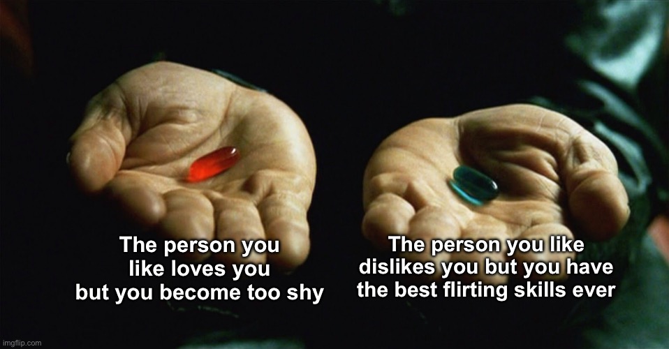 Gentlemen… | The person you like loves you but you become too shy; The person you like dislikes you but you have the best flirting skills ever | image tagged in red pill blue pill | made w/ Imgflip meme maker