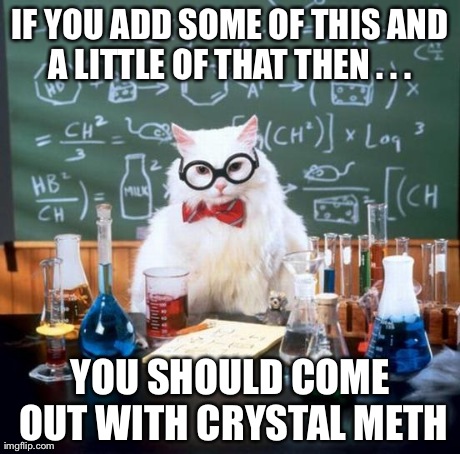 How to make the good stuff | IF YOU ADD SOME OF THIS AND A LITTLE OF THAT THEN . . .  YOU SHOULD COME OUT WITH CRYSTAL METH | image tagged in memes,chemistry cat | made w/ Imgflip meme maker