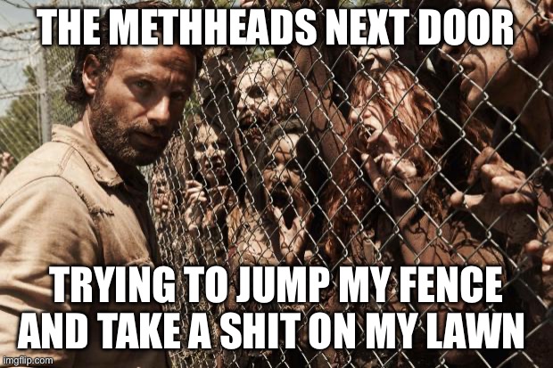 Don’t do meth | THE METHHEADS NEXT DOOR; TRYING TO JUMP MY FENCE AND TAKE A SHIT ON MY LAWN | image tagged in zombies,dark humor,meth,funny | made w/ Imgflip meme maker