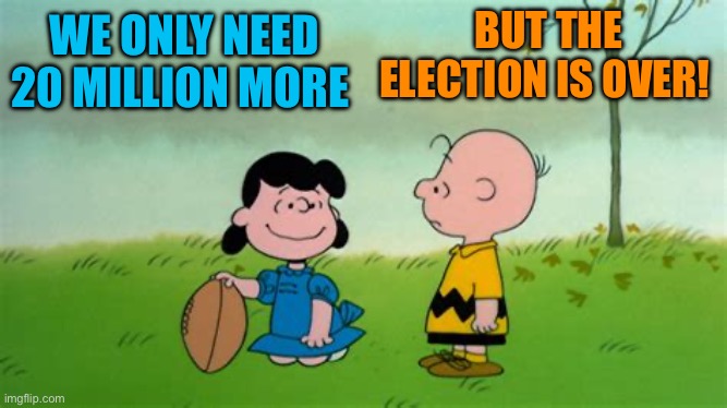 Democrats still lack self-awareness | BUT THE ELECTION IS OVER! WE ONLY NEED 20 MILLION MORE | image tagged in charlie brown football,democrats,kamala harris,election,presidential race | made w/ Imgflip meme maker