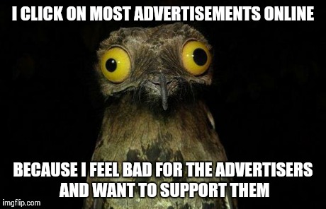 Weird Stuff I Do Potoo Meme | I CLICK ON MOST ADVERTISEMENTS ONLINE BECAUSE I FEEL BAD FOR THE ADVERTISERS AND WANT TO SUPPORT THEM | image tagged in memes,weird stuff i do potoo | made w/ Imgflip meme maker