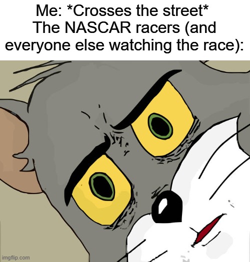 I hope they don't hit me | Me: *Crosses the street* 
The NASCAR racers (and everyone else watching the race): | image tagged in memes,unsettled tom,nascar | made w/ Imgflip meme maker