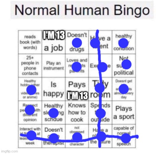 Normal human bingo | I'M 13; I'M 13 | image tagged in normal human bingo | made w/ Imgflip meme maker