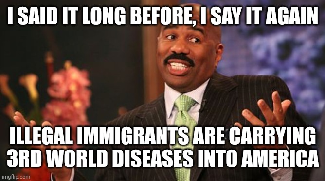 Steve Harvey Meme | I SAID IT LONG BEFORE, I SAY IT AGAIN ILLEGAL IMMIGRANTS ARE CARRYING 3RD WORLD DISEASES INTO AMERICA | image tagged in memes,steve harvey | made w/ Imgflip meme maker