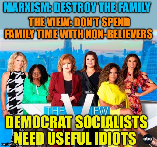 Marxists influencers | MARXISM: DESTROY THE FAMILY; THE VIEW: DON’T SPEND FAMILY TIME WITH NON-BELIEVERS; DEMOCRAT SOCIALISTS NEED USEFUL IDIOTS | image tagged in gifs,marxism,democrats,fake news,socialism | made w/ Imgflip meme maker