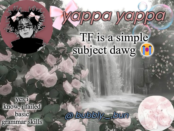 googles bouta come in clutch >:) | TF is a simple subject dawg 😭; yes i know, i failed basic grammar skills | image tagged in bubbly _ bun's temp | made w/ Imgflip meme maker