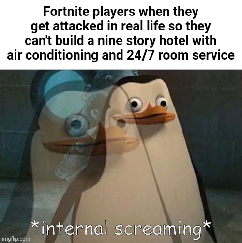 Private Internal Screaming | Fortnite players when they get attacked in real life so they can't build a nine story hotel with air conditioning and 24/7 room service | image tagged in private internal screaming | made w/ Imgflip meme maker