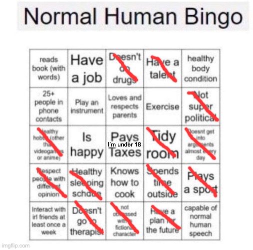 Doesn’t look like I’m a normal human being | I’m under 18 | image tagged in normal human bingo | made w/ Imgflip meme maker