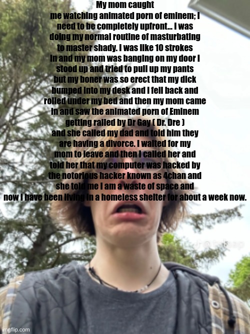Man disgusted | My mom caught me watching animated porn of eminem; I need to be completely upfront… I was doing my normal routine of masturbating to master shady. I was like 10 strokes in and my mom was banging on my door I stood up and tried to pull up my pants but my boner was so erect that my dick bumped into my desk and i fell back and rolled under my bed and then my mom came in and saw the animated porn of Eminem getting railed by Dr Gay ( Dr. Dre ) and she called my dad and told him they are having a divorce. I waited for my mom to leave and then I called her and told her that my computer was hacked by the notorious hacker known as 4chan and she told me I am a waste of space and now I have been living in a homeless shelter for about a week now. | image tagged in man disgusted | made w/ Imgflip meme maker