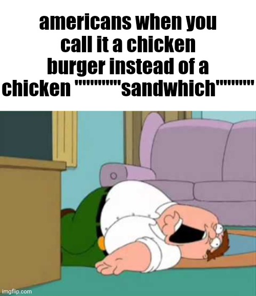 Dead Peter Griffin | americans when you call it a chicken burger instead of a chicken """"""sandwhich""""" | image tagged in dead peter griffin | made w/ Imgflip meme maker