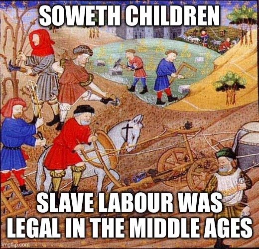 When your school trip is to an “ancient farm” and they be like… | SOWETH CHILDREN; SLAVE LABOUR WAS LEGAL IN THE MIDDLE AGES | image tagged in school trip | made w/ Imgflip meme maker