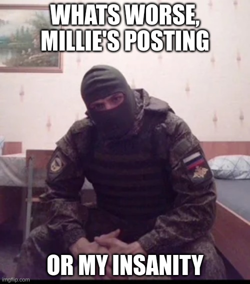 Russian Soldier Guy | WHATS WORSE, MILLIE'S POSTING; OR MY INSANITY | image tagged in russian soldier guy | made w/ Imgflip meme maker