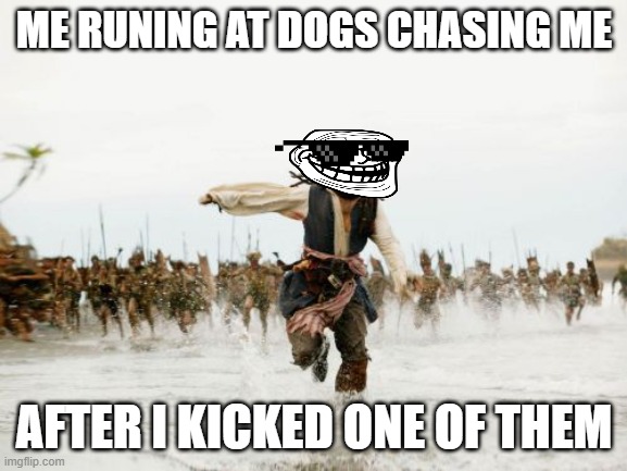 dogs chasing me | ME RUNING AT DOGS CHASING ME; AFTER I KICKED ONE OF THEM | image tagged in memes,jack sparrow being chased | made w/ Imgflip meme maker