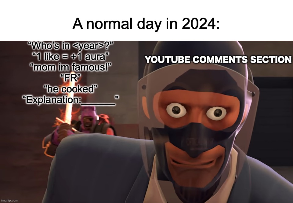 I am speaking from experience here. | A normal day in 2024:; “Who’s in <year>?”
“1 like = +1 aura”
“mom im famous!”
“FR”
“he cooked”
“Explanation:______"; YOUTUBE COMMENTS SECTION | image tagged in memes,funny,animals,true,youtube comments,relatable | made w/ Imgflip meme maker