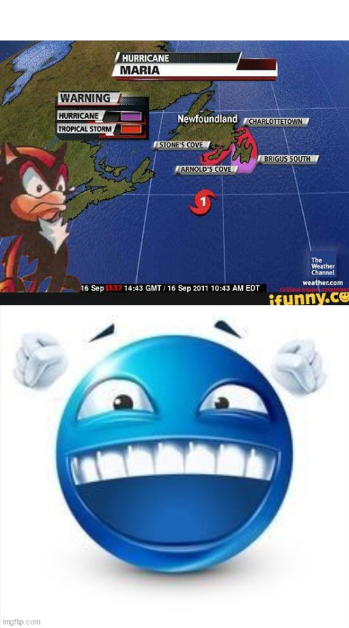 Shadow reacts to hurricane Maria, lol | image tagged in laughing blue guy,shadow the hedgehog,maria,hurricane maria,sonic the hedgehog | made w/ Imgflip meme maker