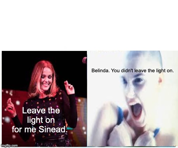 Leave the Light on, Sinead | Belinda. You didn't leave the light on. Leave the light on for me Sinead. | image tagged in memes,sinead o connor,belinda carlisle | made w/ Imgflip meme maker