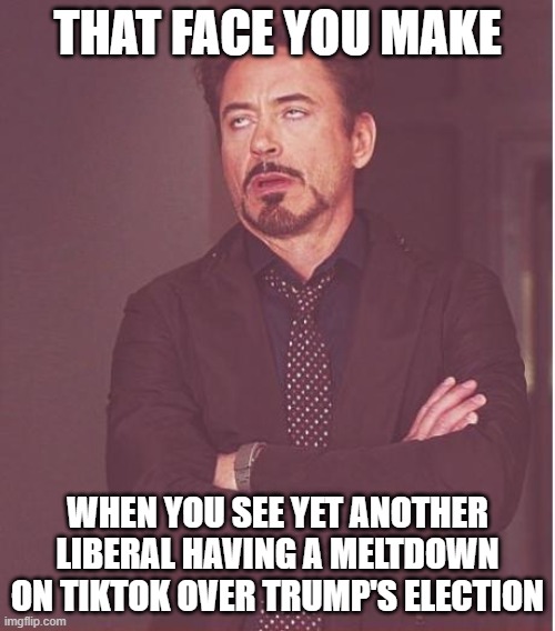 Another Liberal Meltdown | THAT FACE YOU MAKE; WHEN YOU SEE YET ANOTHER LIBERAL HAVING A MELTDOWN ON TIKTOK OVER TRUMP'S ELECTION | image tagged in memes,face you make robert downey jr,snowflake,liberal,meltdown,trump | made w/ Imgflip meme maker