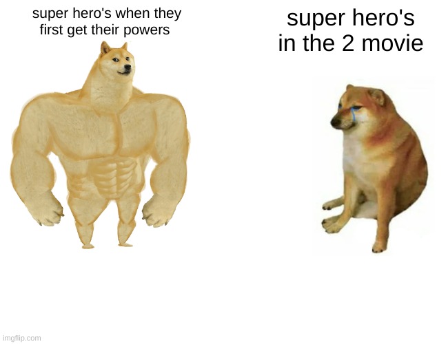 Buff Doge vs. Cheems Meme | super hero's when they first get their powers; super hero's in the 2 movie | image tagged in memes,buff doge vs cheems | made w/ Imgflip meme maker