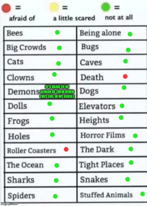 Things to be afraid of lol | IT'S HARD TO BE AFRAID OF THEM WHEN THEY LIVE IN MY CLOSET | image tagged in things to be afraid of lol | made w/ Imgflip meme maker