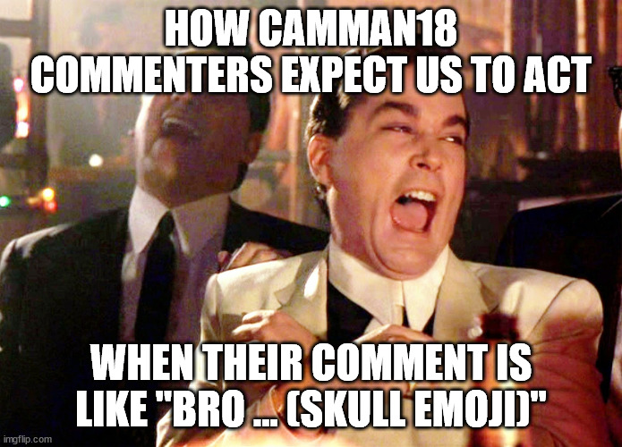 Expect more "expect us to act" memes on the way | HOW CAMMAN18 COMMENTERS EXPECT US TO ACT; WHEN THEIR COMMENT IS LIKE "BRO ... (SKULL EMOJI)" | image tagged in memes,good fellas hilarious,skull emoji,bro,youtube | made w/ Imgflip meme maker