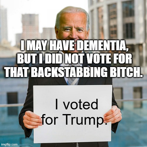 Joe Biden Blank Sign | I MAY HAVE DEMENTIA, BUT I DID NOT VOTE FOR THAT BACKSTABBING BITCH. I voted for Trump. | image tagged in joe biden blank sign | made w/ Imgflip meme maker