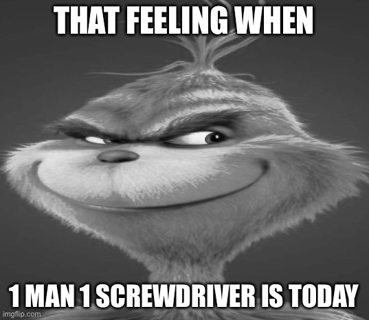 Blue Grinch | THAT FEELING WHEN; 1 MAN 1 SCREWDRIVER IS TODAY | image tagged in blue grinch | made w/ Imgflip meme maker