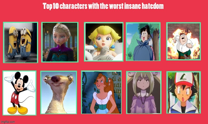 top 10 characters with the worst insane hatedoms | image tagged in top 10 characters with the worst insane hatedoms,haters,princess,media,so much drama,worst | made w/ Imgflip meme maker