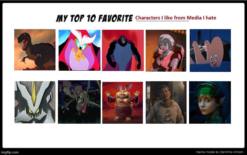 top 10 favorite characters i like from media i hate | image tagged in characters i like from media i hate,top 10,media,movies,seven deadly sins,animation | made w/ Imgflip meme maker