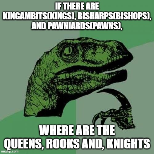 Did they delete some? | IF THERE ARE KINGAMBITS(KINGS), BISHARPS(BISHOPS), AND PAWNIARDS(PAWNS), WHERE ARE THE QUEENS, ROOKS AND, KNIGHTS | image tagged in memes,philosoraptor,pokemon,chess,knight,queen | made w/ Imgflip meme maker