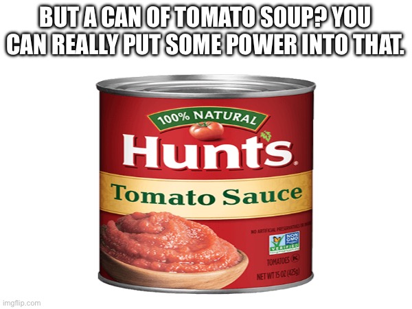 BUT A CAN OF TOMATO SOUP? YOU CAN REALLY PUT SOME POWER INTO THAT. | made w/ Imgflip meme maker