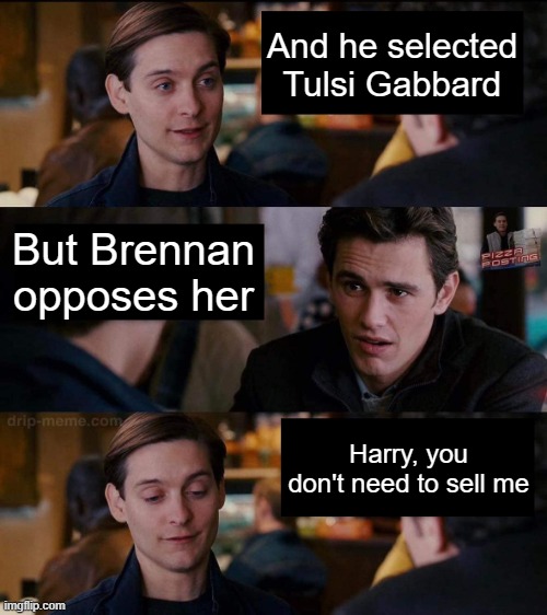 And he selected Tulsi Gabbard But Brennan opposes her Harry, you don't need to sell me | image tagged in harry you don't need to sell it to me | made w/ Imgflip meme maker