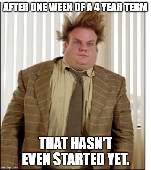 Chris Farley Hair | AFTER ONE WEEK OF A 4 YEAR TERM; THAT HASN'T EVEN STARTED YET. | image tagged in chris farley hair | made w/ Imgflip meme maker