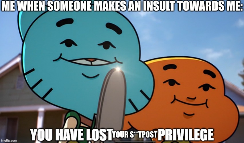 can you stop s**tposting for 5 minutes? | ME WHEN SOMEONE MAKES AN INSULT TOWARDS ME:; YOUR S**TPOST | image tagged in you have lost x privilege | made w/ Imgflip meme maker