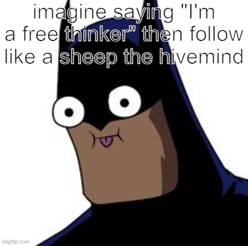 imagine #3 | imagine saying "I'm a free thinker" then follow like a sheep the hivemind | image tagged in batman derp | made w/ Imgflip meme maker