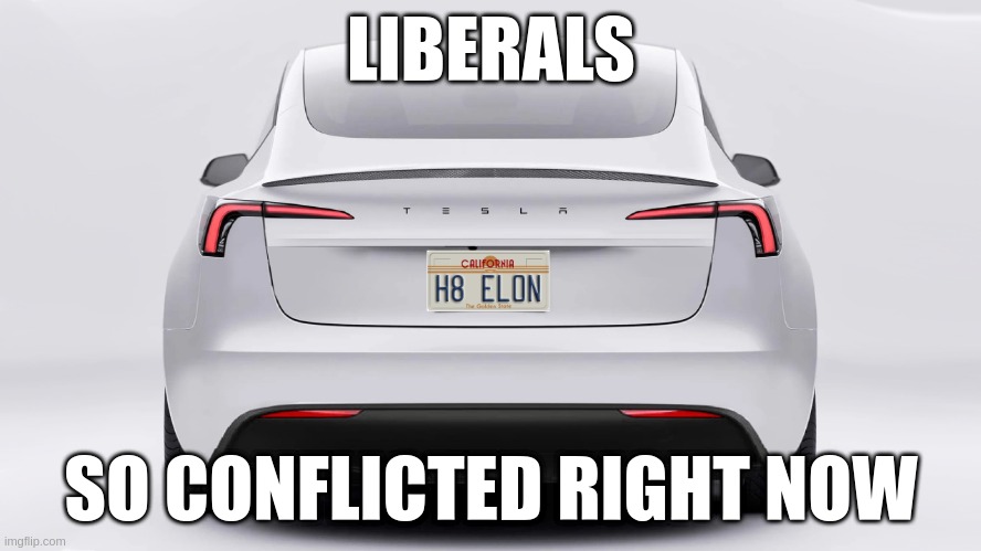 I can't sell it - no one wants to buy it | LIBERALS; SO CONFLICTED RIGHT NOW | image tagged in liberals,tesla,elon musk | made w/ Imgflip meme maker