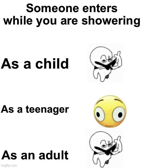 Lmao | Someone enters while you are showering; As a child; As a teenager; As an adult | image tagged in msmg,lmao | made w/ Imgflip meme maker