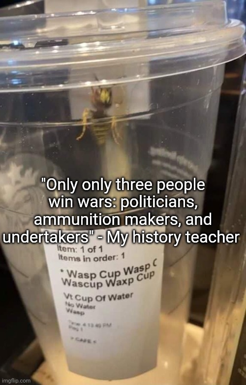 Wasp cup Wasp cup Wasp cup Wasp cup Wasp cup Wasp cup Wasp cup | "Only only three people win wars: politicians, ammunition makers, and undertakers" - My history teacher | image tagged in wasp cup wasp cup wasp cup wasp cup wasp cup wasp cup wasp cup | made w/ Imgflip meme maker