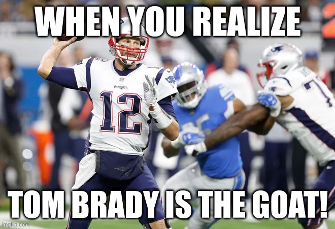 tom brady | WHEN YOU REALIZE; TOM BRADY IS THE GOAT! | image tagged in tom brady | made w/ Imgflip meme maker